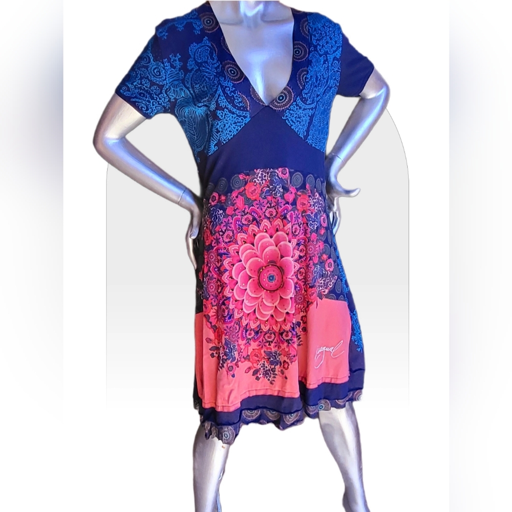 DESIGUAL Floral V-Neck Dress in Blue and Pink